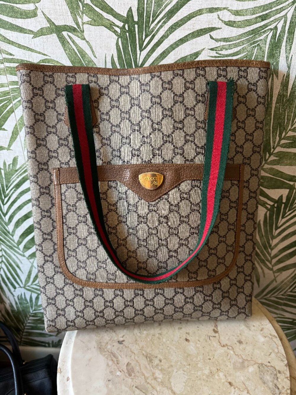 Vintage Gucci Plus GG Monogram Canvas Tote with Web Stripe Straps